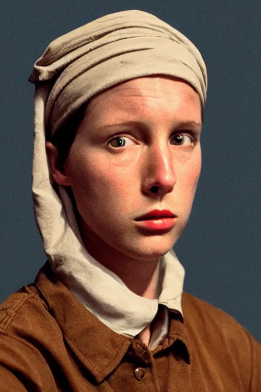 Image similar to beautiful wes anderson movie 3 5 mm film still, only one head single portrait team fortress 2 scout the girl with the pearl earring as the team fortress 2 scout team fortress 2 scout team fortress 2 scout scout team fortress 2 scout, absurdly beautiful, elegant, photographic ultrafine hyperrealistic detailed face wes anderson color, vintage, retro,