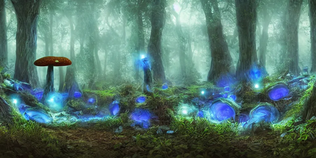 Image similar to a hiker discovers a large portal to an alternate dimension in a dark gloomy foggy fantasy mushroom forest, blue lights suround the portal, large mushrooms, high quality rendering, digital art