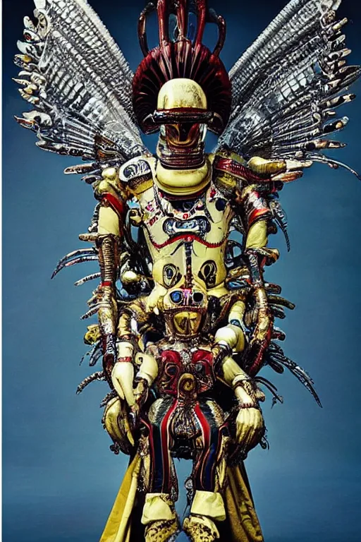 Prompt: kodachrome still symmetry frame from Alien Covenant movie by Takashi Murakami, Count Orlok wearing Polish Winged Hussars armor made with porcelain dressed by Salvatore Ferragamo and by Chanel, metal couture haute couture painted by Peter Paul Rubens and by John Baeder by Jean-Michel Basquiat, editorial fashion photography, from vogue magazine