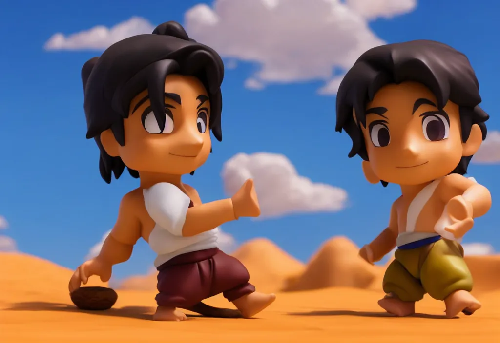 Prompt: side view of young aladdin as nendoroid walking in a desert village, 8 k, hd, dof, kodak film, volumetric lighting, subsurface scattering, photorealistic, octane render