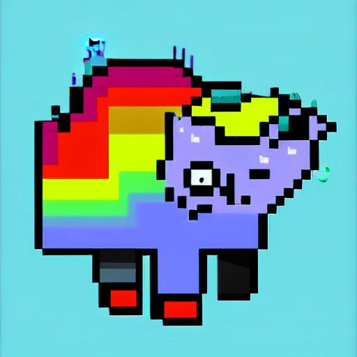 Prompt: cat with a cute face and rectange body, 8 - bit, cartoon, nyan cat, rainbow trail, in space, deviantart