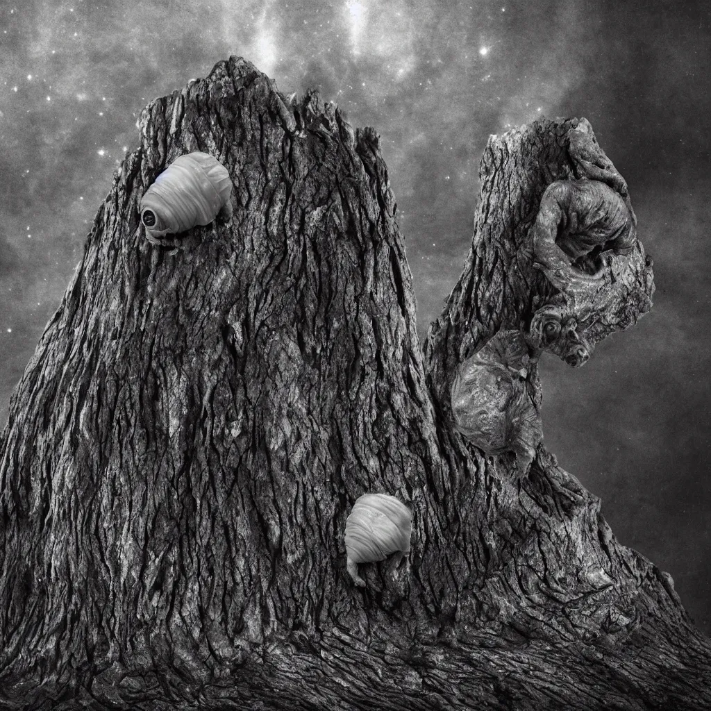 Image similar to a tardigrade in front of a dead tree placed upon a cliff, behind a fence, hazy memory, volumetric, dark black and white in the style of alvin schwartz, epic angles