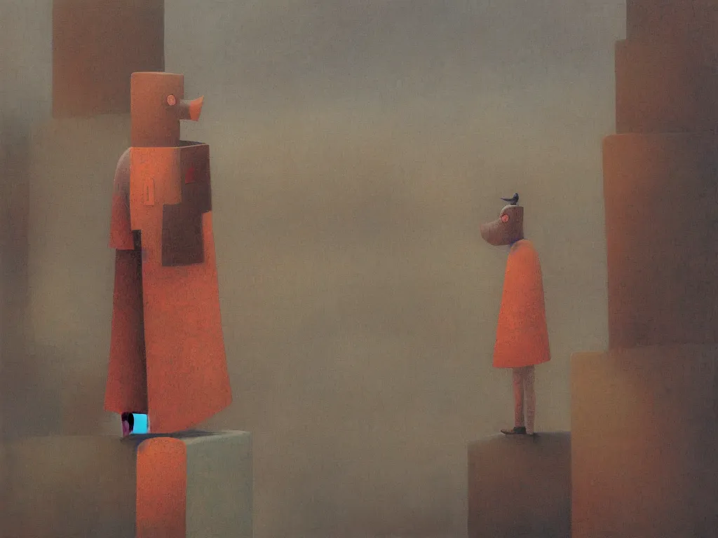 Image similar to portrait of a figure with scenery. painting by shaun tan