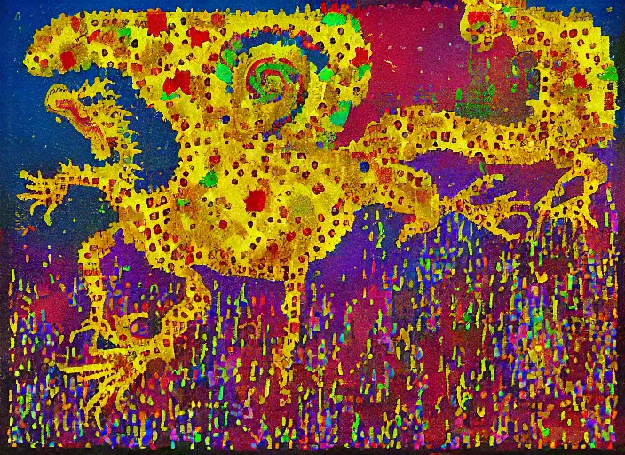 Prompt: pixel decollage painting golden armor alien zombie horseman riding on a crystal bone dragon broken rainbow diamond maggot horse in a blossoming meadow full of colorful mushrooms and golden foil toad blobs in a golden sunset, distant forest horizon, painted by Mark Rothko, Helen Frankenthaler, Danny Fox and Hilma af Klint, pixelated, neo expressionism, semi naive, pastel colors, cinematic, color field painting, cave painting, voxel, pop art look, outsider art, minimalistic. Bill Traylor painting, part by Philip Guston and Francis Bacon. art by Adrian Ghenie, very coherent symmetrical artwork, cinematic, hyper realism, high detail, octane render, unreal engine, Smooth gradients, depth of field, full body character drawing, extremely detailed, 8k, extreme detail, intricate detail, masterpiece