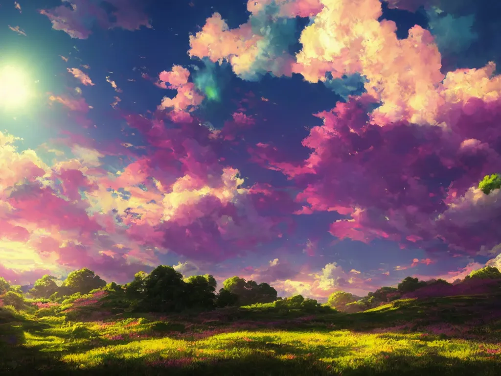Prompt: lush green valley pink anime sky clouds backlit by yellow, , high contrast, vibrant colors, vivid colors, high saturation, fantasy, artwork, aesthetic, calming, very beautiful scenery, hd, hdr, ue5, ue6, unreal engine 5, cinematic, 4k wallpaper, 8k ultra, by Greg Rutkowski and Jesper Ejsing and Raymond Swanland and alena aenami, featured on artstation, wide angle