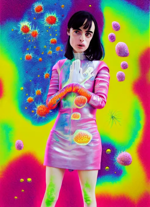 Prompt: hyper detailed render - kawaii portrait (astronaut, suit, chrome dino, porcelain forcefield, looks like Krysten Ritter) Eating Strangling network yellowcake aerochrome watercolor strawberry and Her delicate Hands hold gossamer polyp bring iridescent fungal flowers dress, Ryden