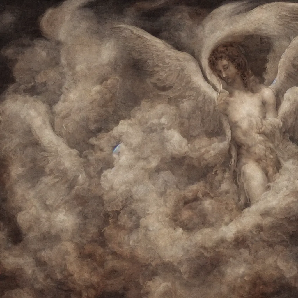 Prompt: powerful seraphim with white wings and white hair floating in a cloud of smoke. detailed, ultra - realistic, 8 k. by michelangelo, da vinci.