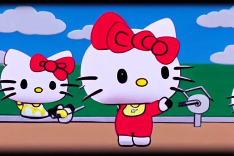 Image similar to animated cartoon film of hello kitty exercising at the gym, hello kitty has big muscles, barbells