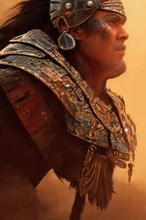 Image similar to aztec warrior, close - up portrait, fierce, intricate, elegant, volumetric lighting, scenery, digital painting, highly detailed, artstation, sharp focus, illustration, concept art, ruan jia, steve mccurry