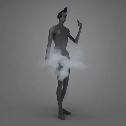 Image similar to A long shot of a person made of smoke in blender, dancing, ambient lighting, depth of field, 3D render, octane 3D, blender, realism, 8k, hd,