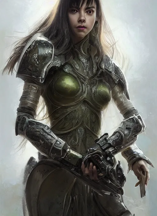 Image similar to a professional portrait of a beautiful young female, clothed in ethereal battle armor, olive skin, long dark hair, beautiful bone structure, symmetrical facial features, intricate, elegant, digital painting, concept art, smooth, sharp focus, finely detailed, illustration, from Valerian and the City of a Thousand Planets, in the style of Ruan Jia and Mandy Jurgens and Artgerm and Greg Rutkowski and William-Adolphe Bouguerea