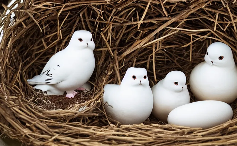 Prompt: A dove and an exotic shorthair cat guarding their eggs in a nest, eggs with faces, white doves, nest is made of sticks, national geographic, odd, depth of field, photorealistic