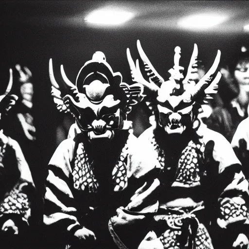 Image similar to A photograph of Japanese oni demons at the conference, 35mm film grain, intricate, high contrast, studio lighting, fantasy