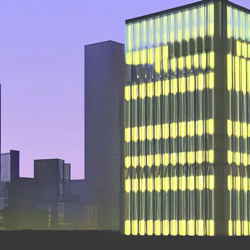 Image similar to defined by dan flavin rendered in rtx. art installation. a cityscape in which tall, imposing buildings loom over a small city park. the scene is suffused with a eerie, light, & the overall effect is one of foreboding & menace.