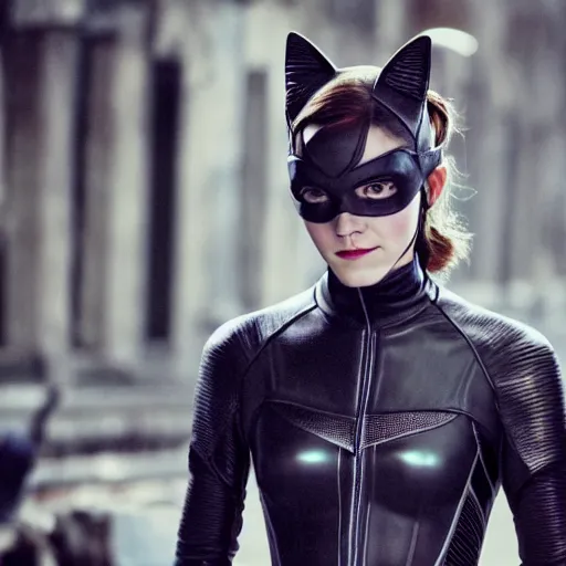 Image similar to Emma Watson as Catwoman, XF IQ4, f/1.4, ISO 200, 1/160s, UHD, microdetails, Sense of Depth, color and contrast corrected, AI enhanced, HDR, in-frame