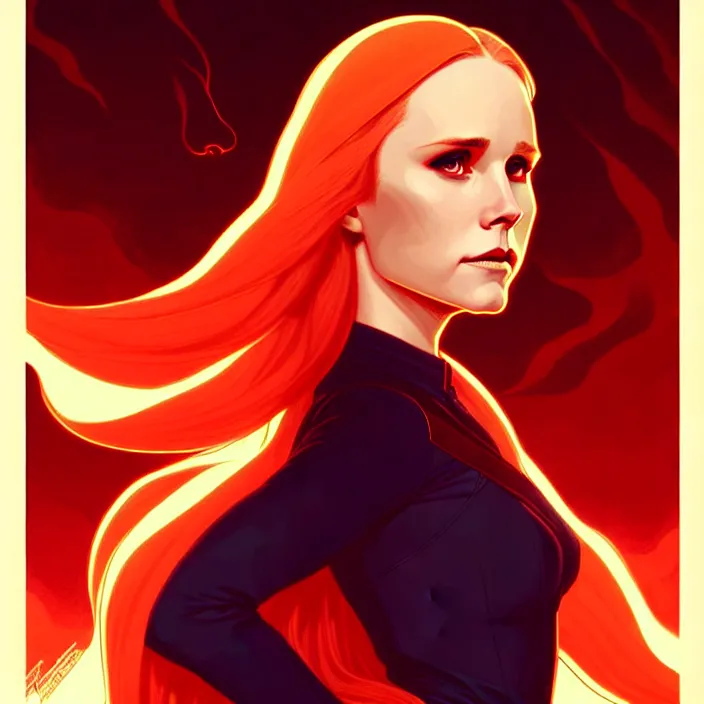 Image similar to style artgerm, joshua middleton, beautiful kristen bell with dark red dress, very long orange hair, symmetrical face, symmetrical eyes, fire powers fire swirling, detailed, volcano setting, cinematic lighting