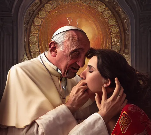 Image similar to photography of a pope kissing the breast of a sensual woman, deep focus, intricate, elegant, highly detailed, digital painting, artstation, concept art, matte, sharp focus, illustration, art by artgerm and greg rutkowski and alphonse mucha