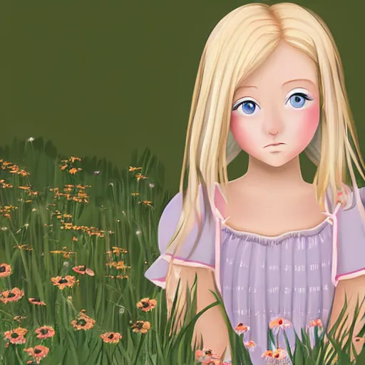 Image similar to young blonde pioneer girl in a meadow, portrait, anime style