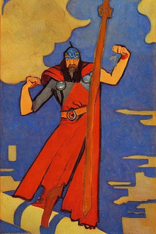 Image similar to thor holding the hammer, marvel, artwork by nicholas roerich,