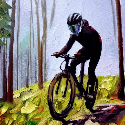 Image similar to man with helmet biking up a steep forest hill, sweaty. Oil painting. Emotional.