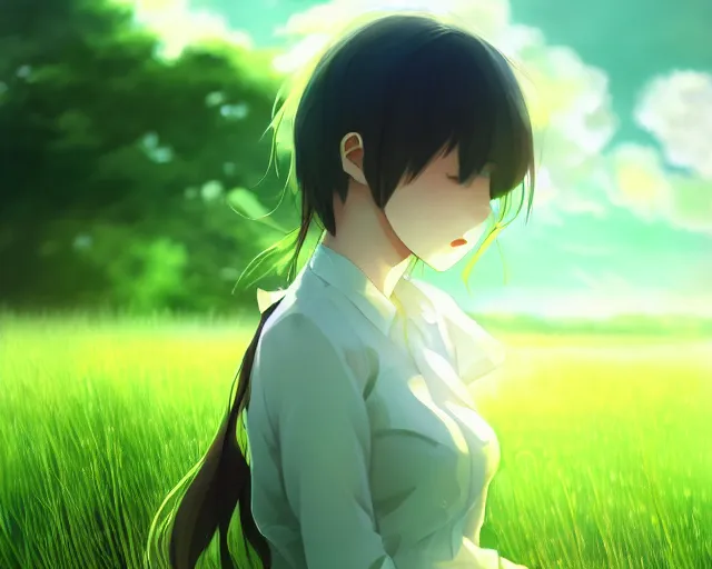 Image similar to a green field, official media, illustrated by wlop, extremely detailed, 8 k, trending on pixiv, cinematic lighting, beautiful