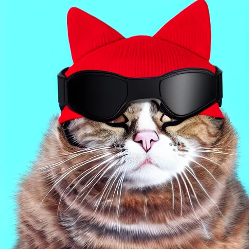 Image similar to a cat wearing a red beanie covering its face with black ski goggles, photorealistic