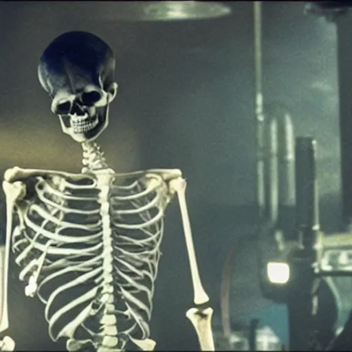 Image similar to a skeleton working in a distillery. still from blade runner