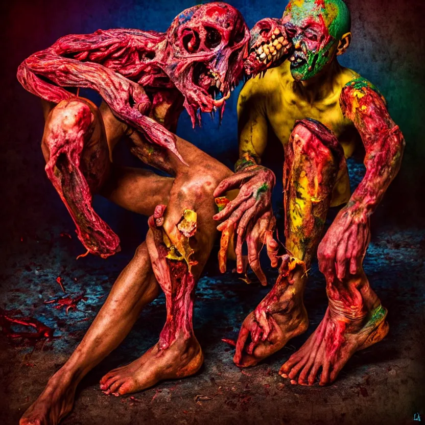 Prompt: a very colorful and beautiful ( flesh - eating ) tsikalawa, eating the leg of a terrified man, by alexandro judorowski and basia tran, fear, morbid, nightmare, supernatural, 8 k, digital art, highly detailed, chiaroscuro, creepy, terrifying