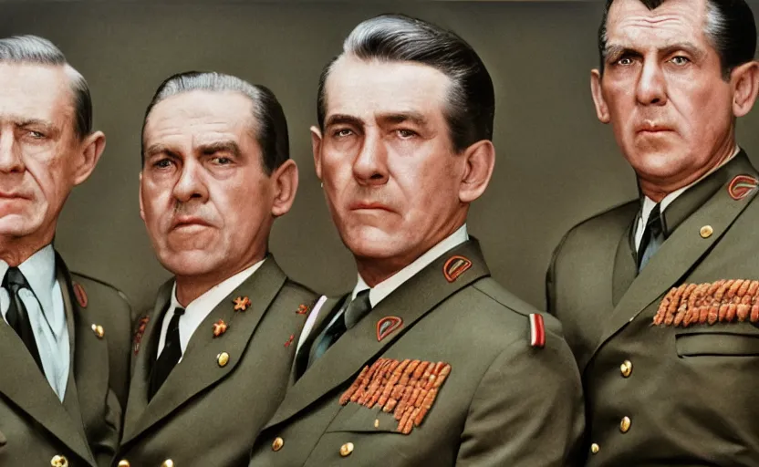 Image similar to 50s movie still close-up portrait of three individual elder soviet generals with very diverses faces in a stalinist style hall, by Irving Penn, Cinestill 800t 50mm eastmancolor, heavy grainy picture, very detailed, high quality, 4k, HD criterion, precise texture, facial precision, diverse haircuts, diverse ages, different expression