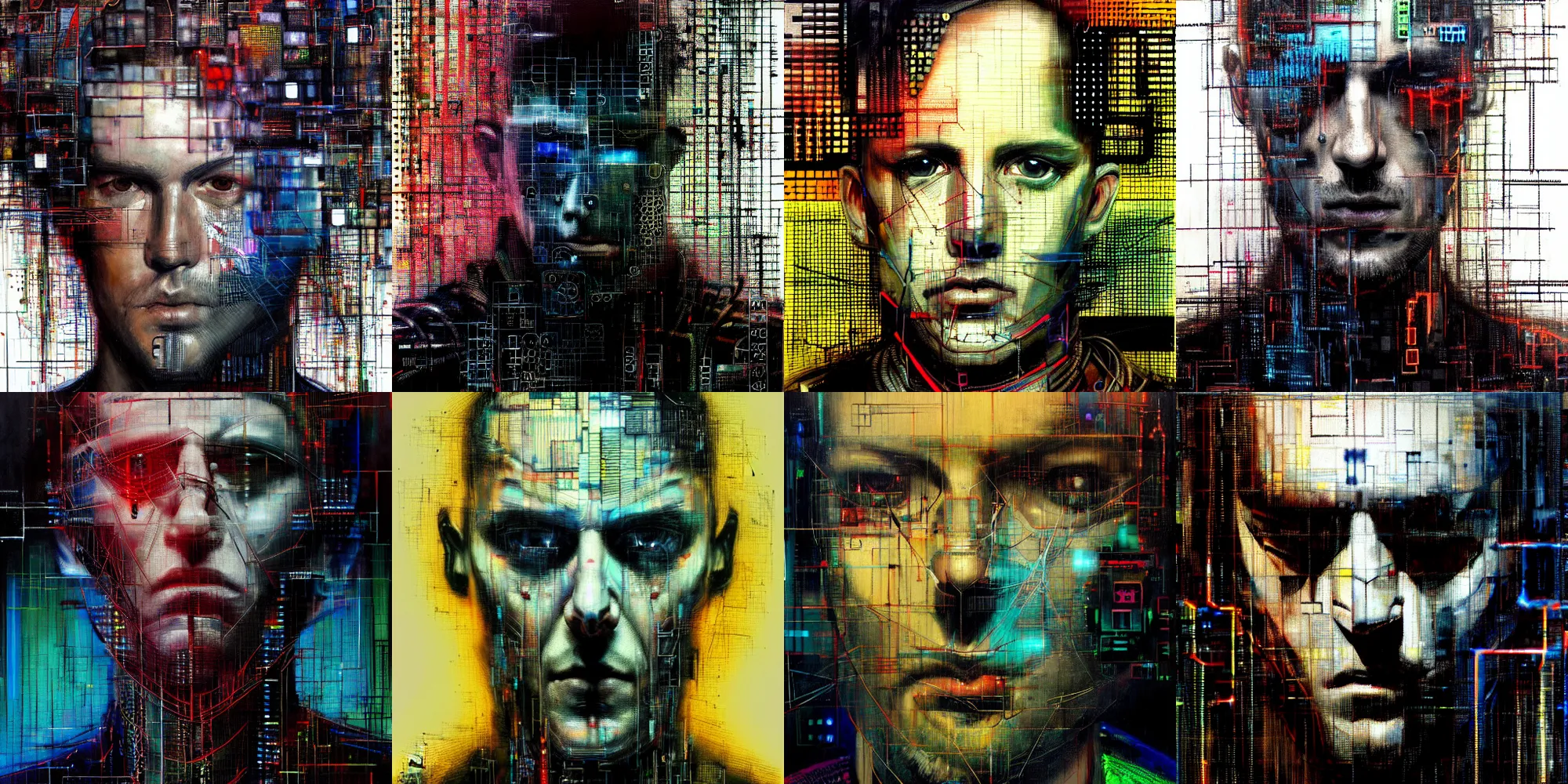 Prompt: hyperrealistic portrait of a cyberpunk man, by Guy Denning, Johannes Itten, Russ Mills, hacking effects, detailed lines, network, cybernetics, cables, computation, technological, color blocking!, digital, oil on canvas, insane detail, front view, symmetrical, octane, concept art, abstract, artistic, 8k, cinematic, trending on artstation