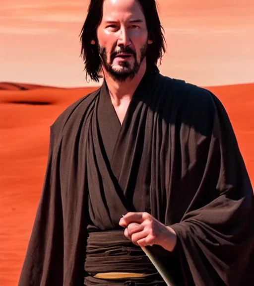 Image similar to keanu reeves as a jedi master, perfect symmetrical face, a red sand desert, full moon, moody lighting, 8 k, shallow depth of field, intricate detail,