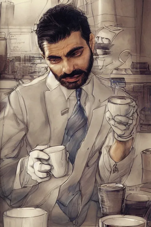 Image similar to a persian man drinking coffee from a paper cup at his work cubicle, by artgerm and yoshitaka amano, trending on artstation