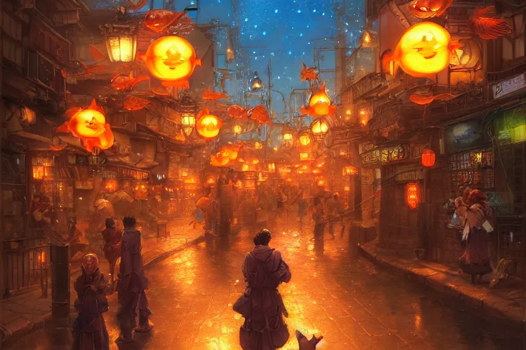 Image similar to fantasy art of glowing goldfish swimming in the air, in the streets of a japanese town at night, with people watching in wonder, by ralph horsley, highly detailed digital art, trending on artstation