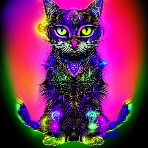 Image similar to concept character colorful fractal cute cat glowing luminescent detailed filigree on black background detailed