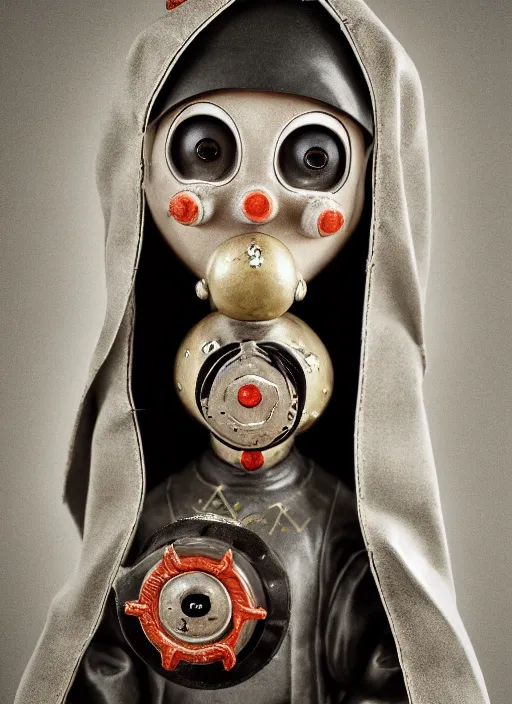 Image similar to closeup portrait of tin toy gothic nun wearing a gas mask, depth of field, zeiss lens, detailed, symmetrical, centered, fashion photoshoot, by nicoletta ceccoli, mark ryden, lostfish, earl nore, hyung tae, frank frazetta, breathtaking, 8 k resolution, extremely detailed, beautiful, establishing shot, artistic, hyperrealistic, octane render