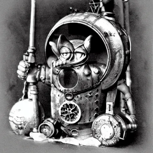 Image similar to a dnd gnome warforged, head in a tank, mechanical spider legs, steam punk style, 1920s photograph