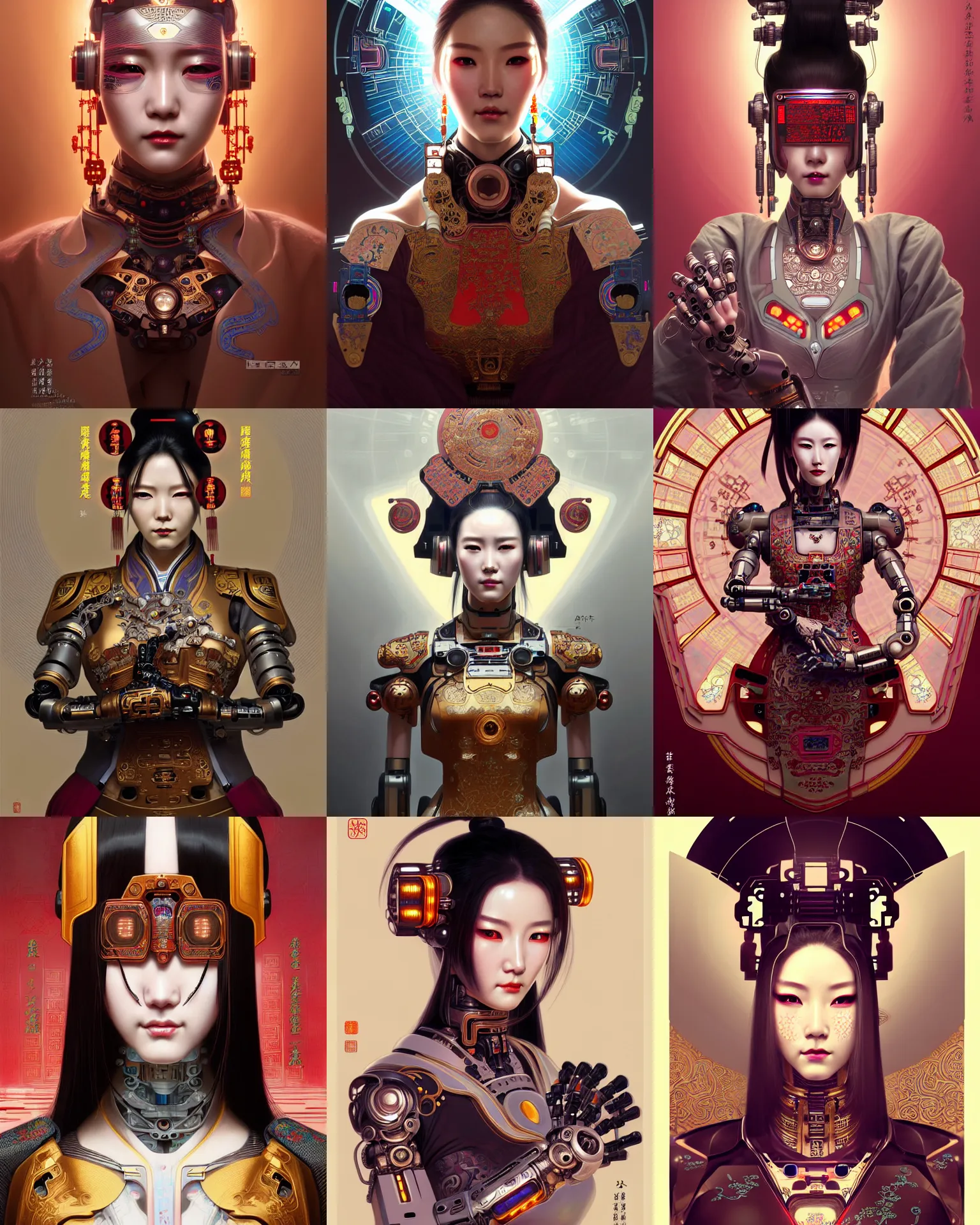 Prompt: portrait of a female cyberpunk robot, machine head and face gear, decorated with chinese opera motifs, royal, fine china, wuxia, traditional chinese art intricate intense elegant highly detailed digital painting artstation concept art smooth sharp focus illustration, art by artgerm and greg rutkowski alphonse mucha 8 k