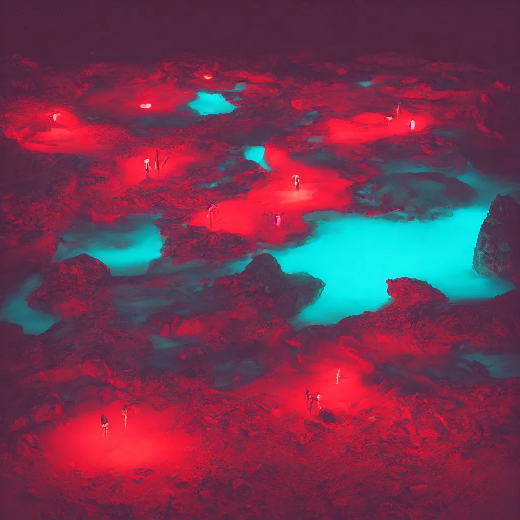 Image similar to rave in the red pond at night, light art, photo by reuben wu, jenni pasanen, epic composition, hd, octane, volumetric lighting, masterpiece,