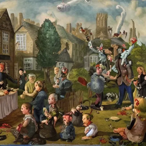 Prompt: a giant worm disrupting a tea party in england, painting, beautiful art,