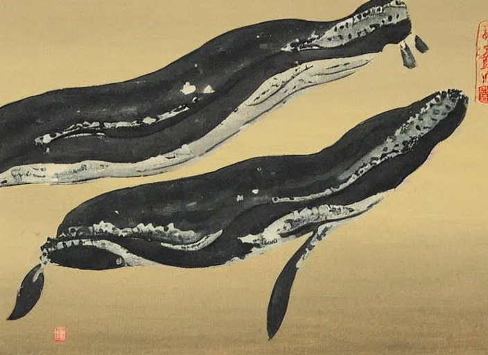 Prompt: a painting of a pair of whales by Qi Baishi