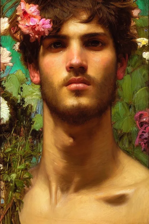Image similar to close up of a attractive male surrounded by colourful flowers orientalist intricate portrait by john william waterhouse and edwin longsden long and theodore ralli and nasreddine dinet, hyper realism, dramatic lighting