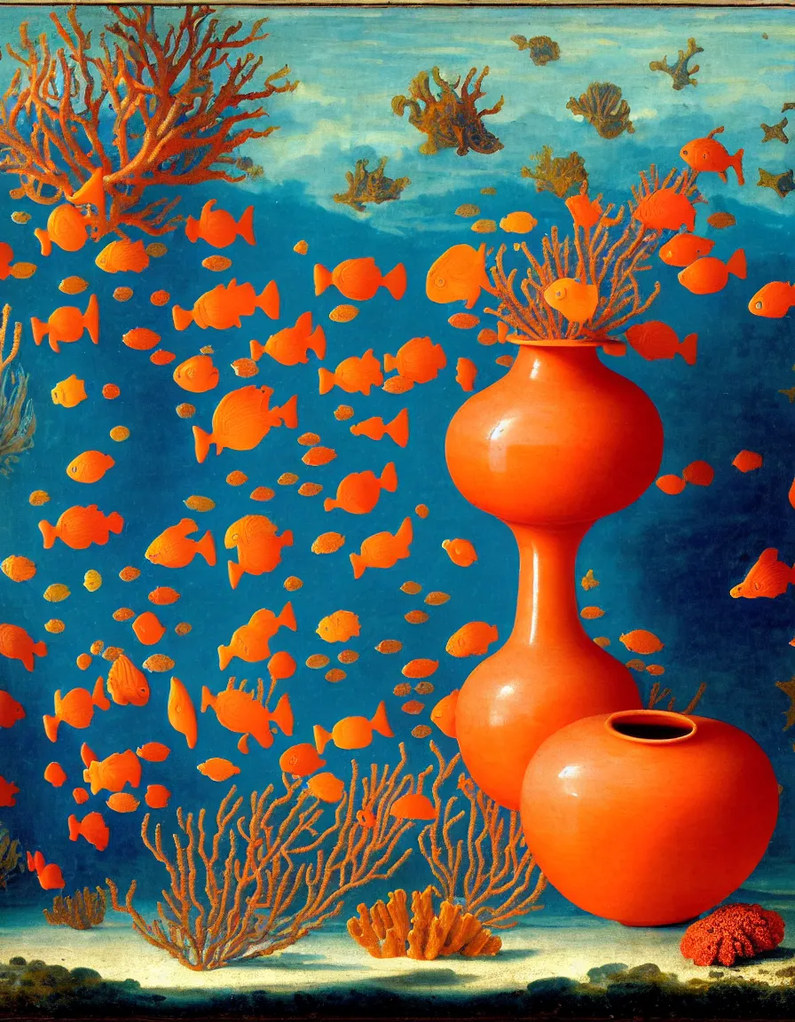 Image similar to bottle vase of coral under the sea and in the sky decorated with a dense field of stylized scrolls that have opaque outlines enclosing mottled blue washes, with orange shells and purple fishes, ambrosius benson, oil on canvas, hyperrealism, light color, no hard shadow, around the edges there are no objects