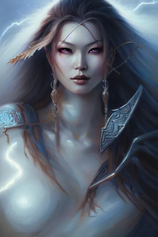 Image similar to oil painting, sakimi chan, white skin, fantasy armor, detailed face, tony sart, wind, lightning, dramatic lighting