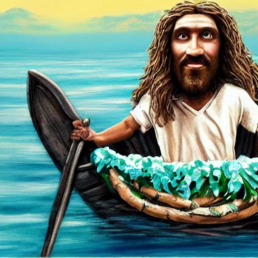 Image similar to old gregg sitting with jesus christ on a boat asking if he loves him, highly detailed, modern