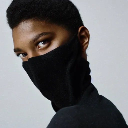 Image similar to realistic photoshooting for a new balenciaga lookbook, color film photography, portrait of a beautiful woman, model is wearing a balaclava mask, in style of tyler mitchell, 3 5 mm,