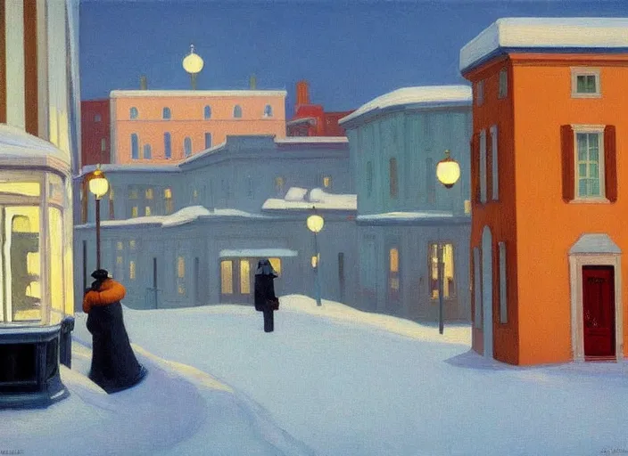 Image similar to a peaceful view of a helsinki on a winter evening, snowfall, cold color scheme, painting by edward hopper