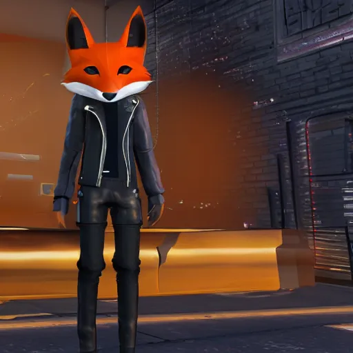 Prompt: VRChat screenshot of anthropomorphic fox wearing cool sunglasses and a cyberpunk black leather jacket, realistic game still at night