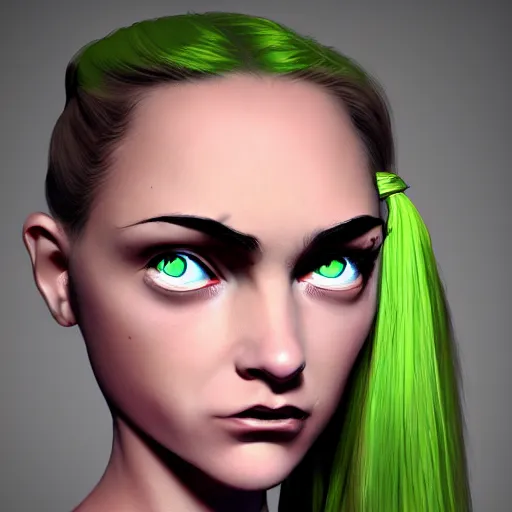 Image similar to artstation young woman with green eyes and pigtails her head in fury, very detailed, , portrait, high contrast