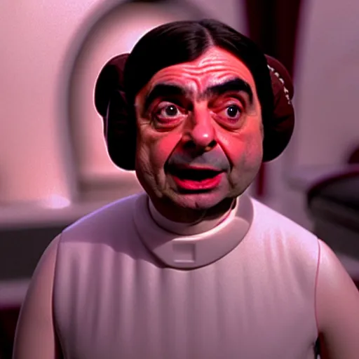 Prompt: mr. bean as princess leia from star wars. movie still. cinematic lighting.