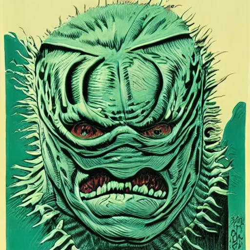 Prompt: gill - man from creature of the black lagoon by gerald brom and andy warhol